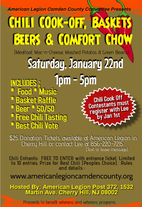 CHILI COOK-OFF, BASKETS, BEERS & COMFORT CHOW - Camden County American Legion Fundraiser