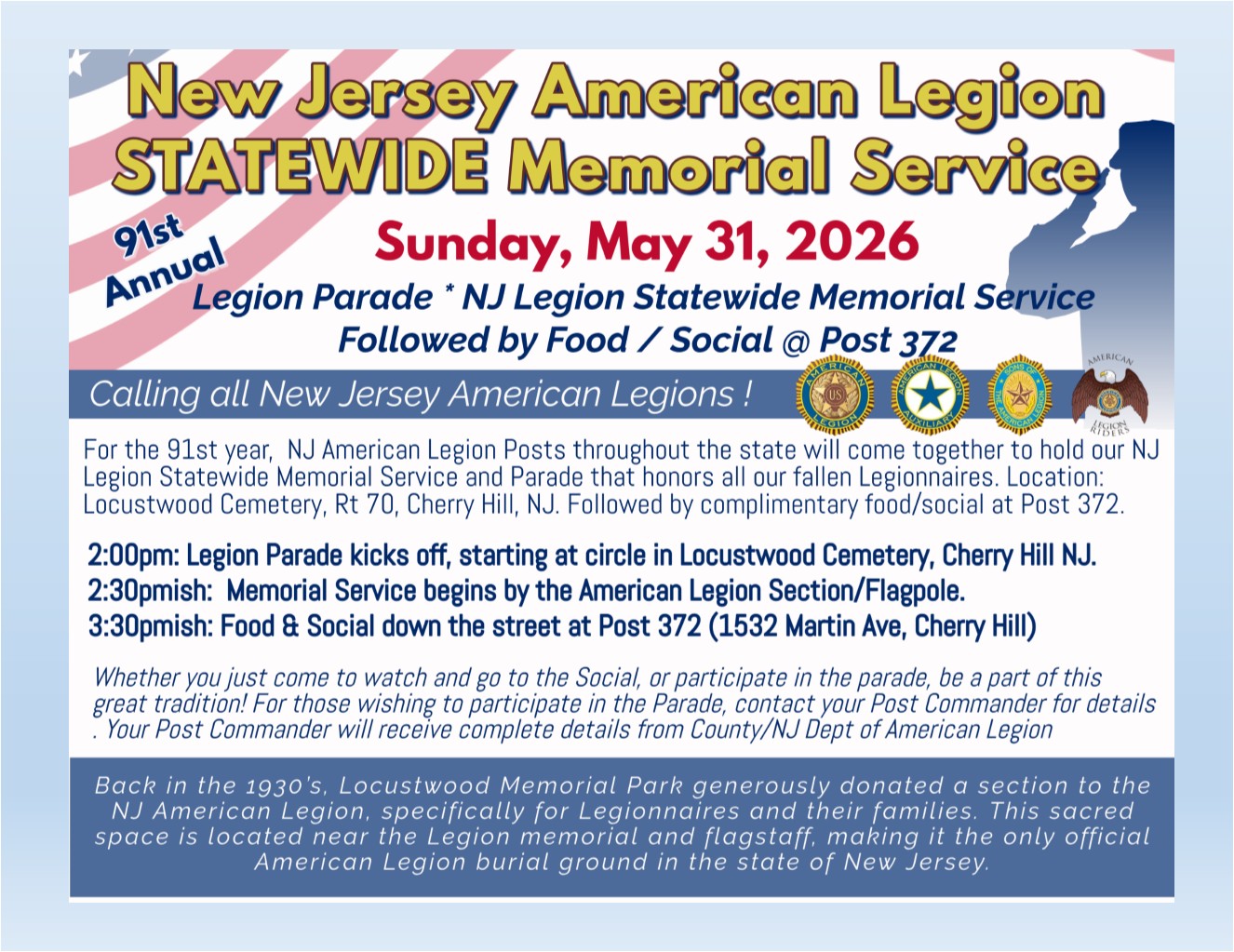 91st Annual NJ American Legion Statewide MEMORIAL Service, Parade and Social